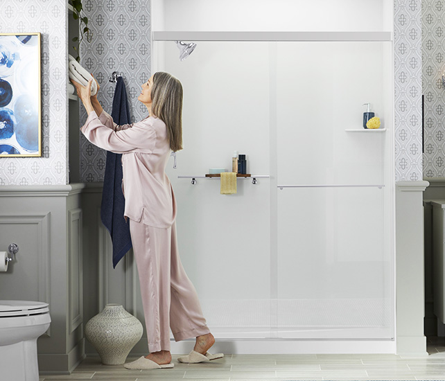 Woman with Dog in front of new shower